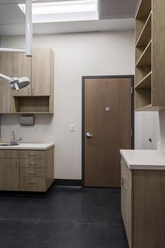 This image of the vertical exam room view at Montclair Animal Clinic shows cabinetry, sink, storage shelving, exam room door, and bright ceiling lights.