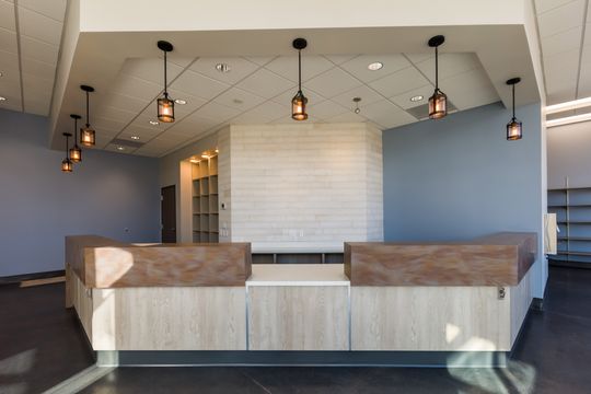 This image of the reception counters with pendant lights at Montclair Animal Clinic shows dual check-in counters, pendant lights, blue accent wall, and bright front office finishes.