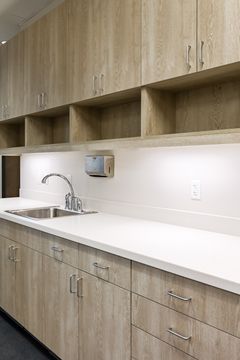 This image of the storage counter close-up at Montclair Animal Clinic shows open shelves, white countertop, sink fixture, and light wood cabinetry detail.