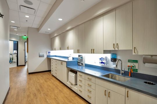 A clean clinical prep area at Elevation Dermatology with cabinetry, countertop workspace, sink, storage, and medical supplies.
