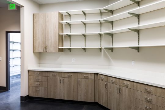This image of the curved storage shelving wall at Montclair Animal Clinic shows light wood cabinetry, white countertop, wall shelving, and organized clinical storage.