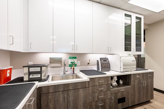 This image of the sterilization counter and cabinetry at Chroma Dental Studio shows white upper cabinets, dark lower cabinets, sink, sterilization equipment, and under-cabinet lighting.