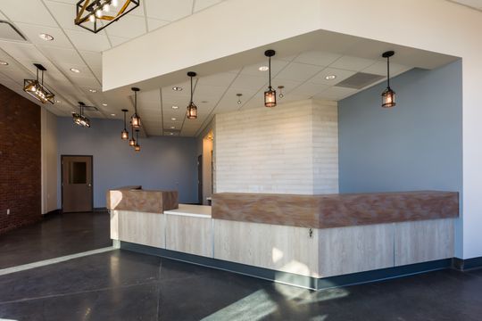 This image of the veterinary reception area at Montclair Animal Clinic shows a central reception counter, pendant lights, display shelving, blue wall panels, and sunlit windows.