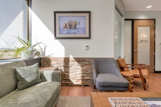 A cozy seating area at Bridge Creek Dentistry featuring a green sofa, gray lounge chair, brick accent wall, natural light, and warm modern decor.