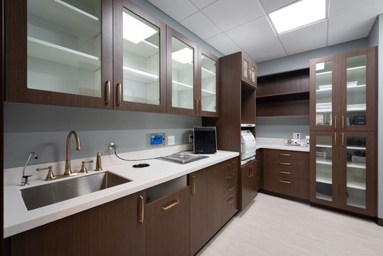 This image of the sterilization and lab cabinetry at Collective Health shows sink stations, glass-front upper cabinets, dark wood cabinetry, and organized clinical workspace.
