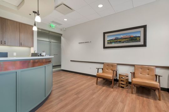 A front office view at Bridge Creek Dentistry showing the curved reception desk, wood flooring, pendant lights, waiting chairs, wall art, and modern patient check-in area.